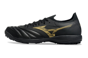 Chuteira Society Mizuno Morelia Neo Sala TF Preta e Dourada "Aurum Pack"