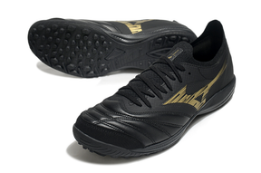 Chuteira Society Mizuno Morelia Neo Sala TF Preta e Dourada "Aurum Pack"