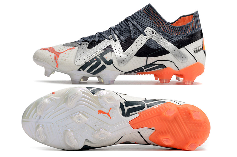 Chuteira Campo Puma Future Ultimate FG Branca, Prata e Laranja "Astronaut Pack"