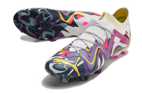 Chuteira Campo Puma Future Ultimate FG Branca e Roxa "Creativity Pack"