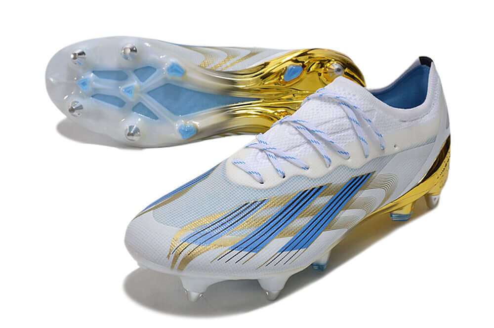 Chuteira Campo Adidas X CrazyFast Messi.1 Ponta de Aluminio Branca, Azul e Dourada "Las Estrellas"