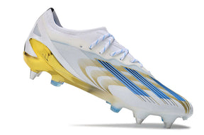 Chuteira Campo Adidas X CrazyFast Messi.1 Ponta de Aluminio Branca, Azul e Dourada "Las Estrellas"