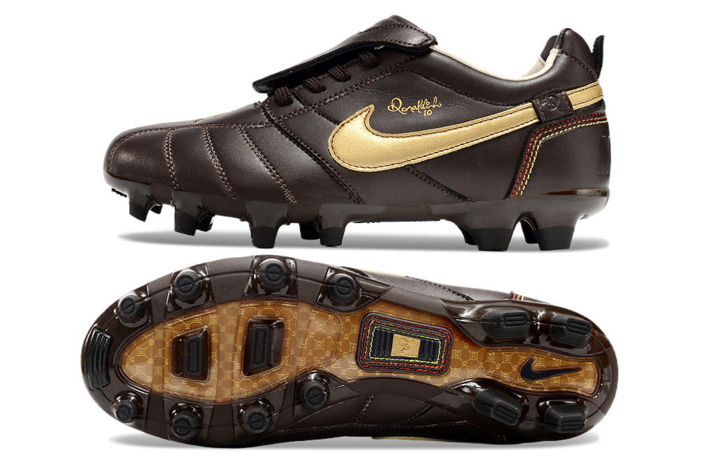 Chuteira Campo Nike Retrô Tiempo Legend R10 Elite Marrom e Dourado