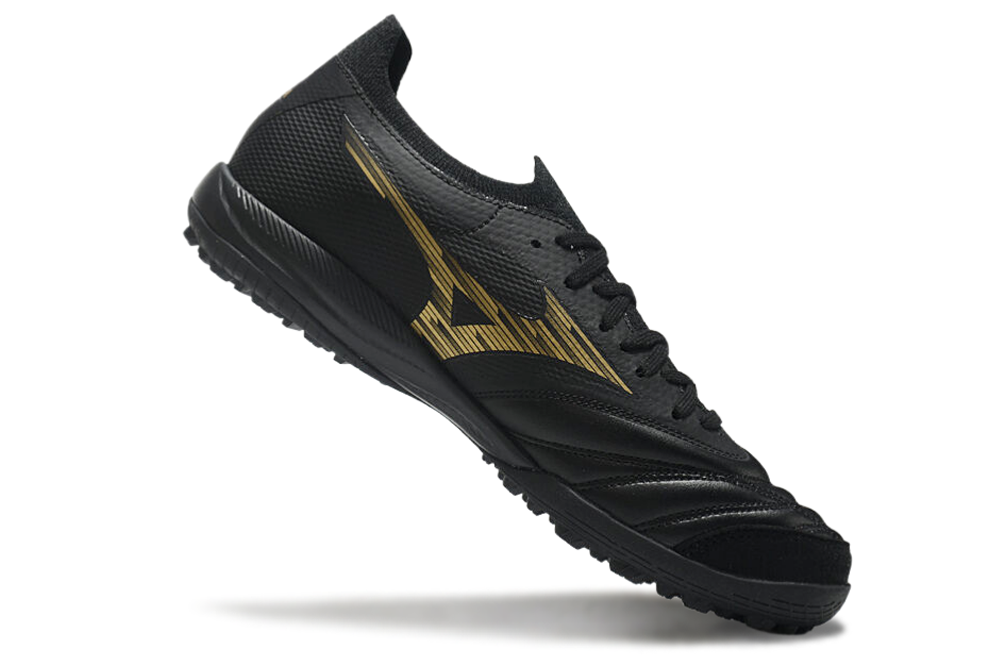 Chuteira Society Mizuno Morelia Neo Sala TF Preta e Dourada "Aurum Pack"