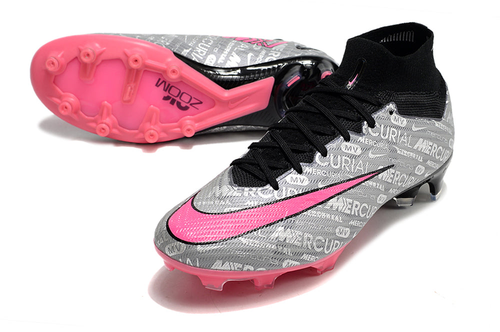 Chuteira Infantil Campo Nike Air Zoom Mercurial Superfly 9 Elite FG Prata e Rosa "25 anos Nike"