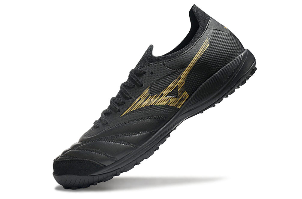 Chuteira Society Mizuno Morelia Neo Sala TF Preta e Dourada "Aurum Pack"