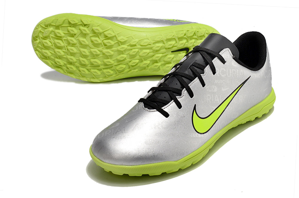 Chuteira Infantil Society Nike Mercurial Vapor 15 Club TF Prata e Verde "Anniversary 25 Years"